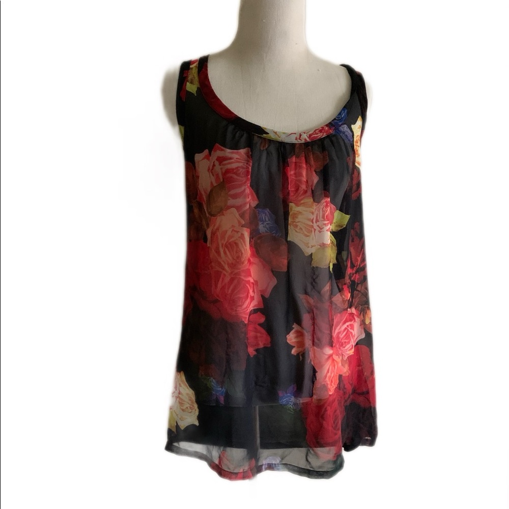 Ted Baker London sheer floral black, pink and red tank top size 4